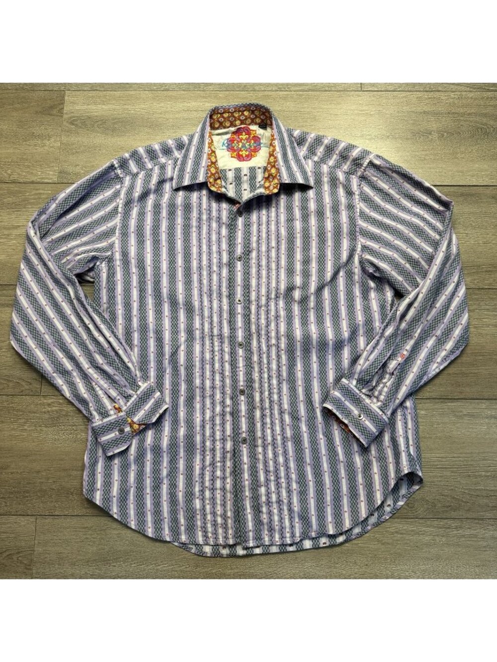 Robert Graham Shirt Mens XL Purple Green Long Sleeve Striped Flip Cuffs